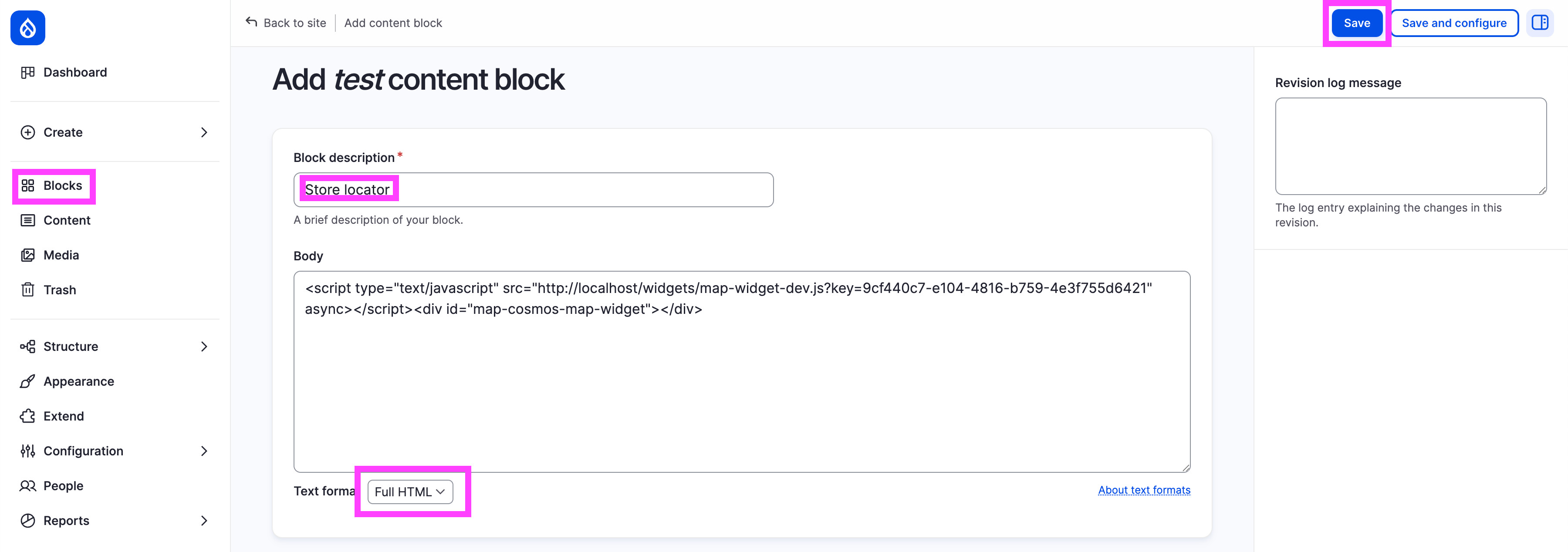 Drupal interface showing how to add a content block named Store Locator, switch to Full HTML, and paste the Store Locator installation code.