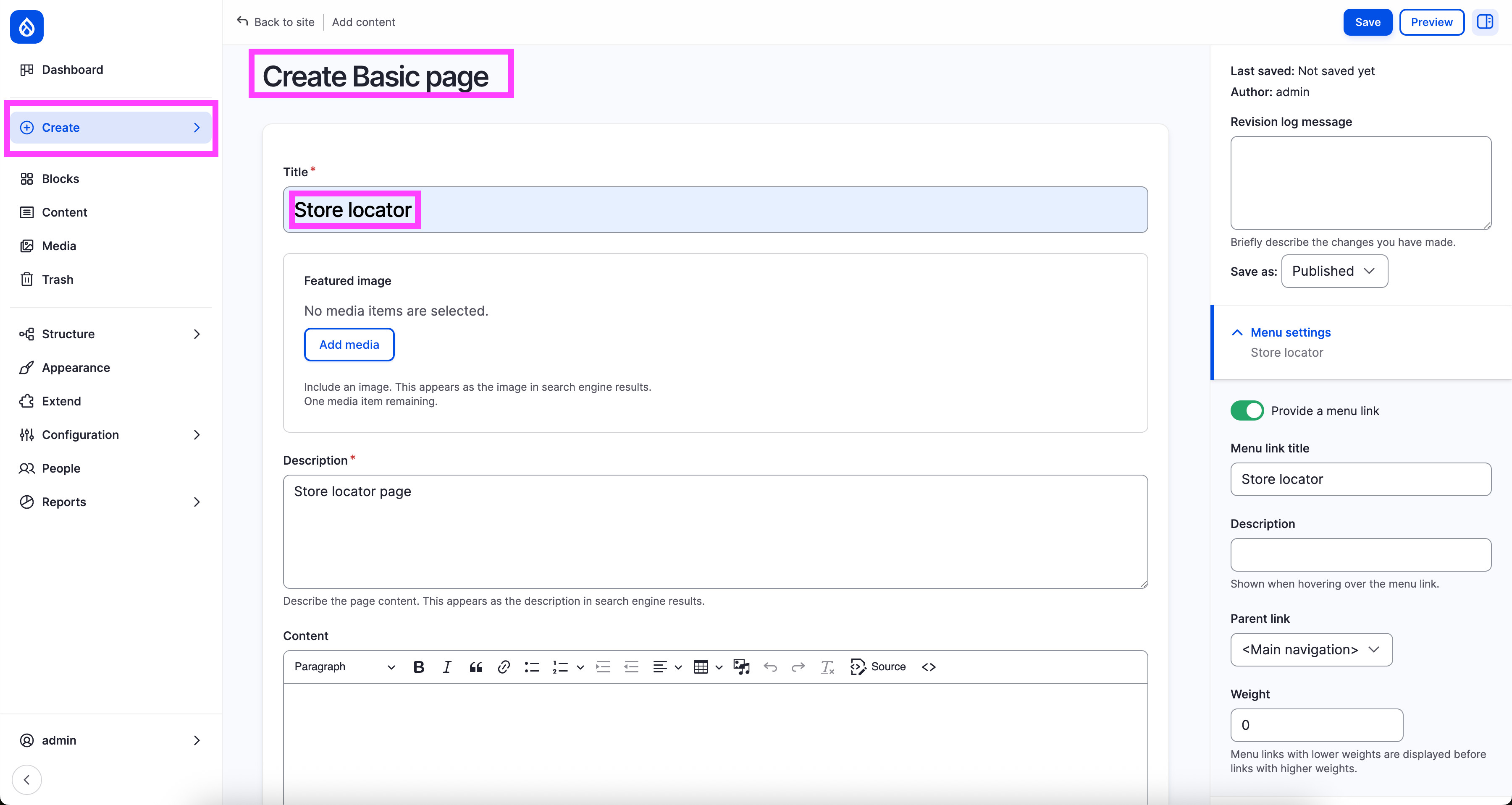 Drupal admin interface showing how to add a new Basic Page for Store Locator.