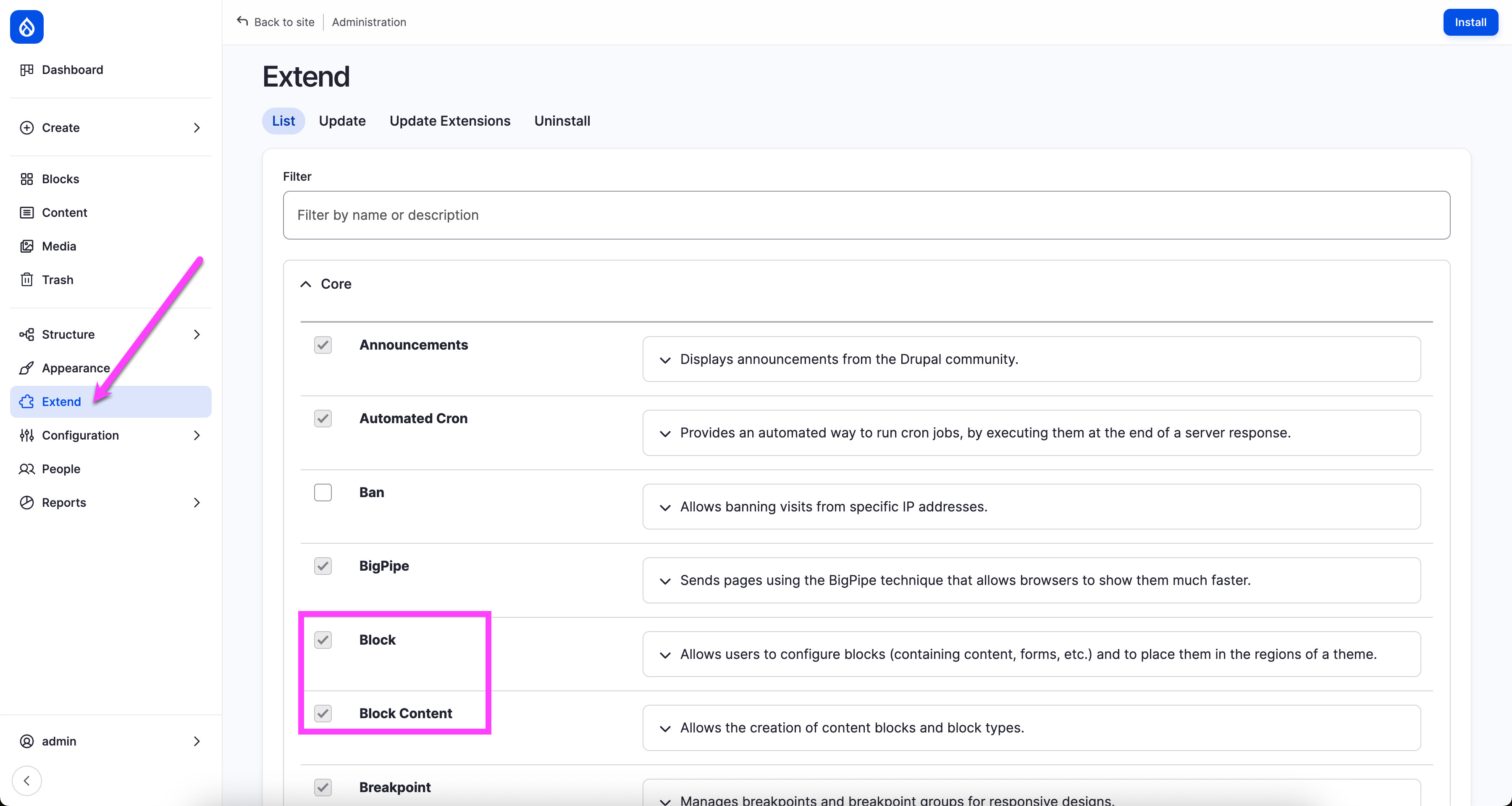 Screenshot showing the Drupal admin interface with the MapCosmos store locator embed code added to a Full HTML block.