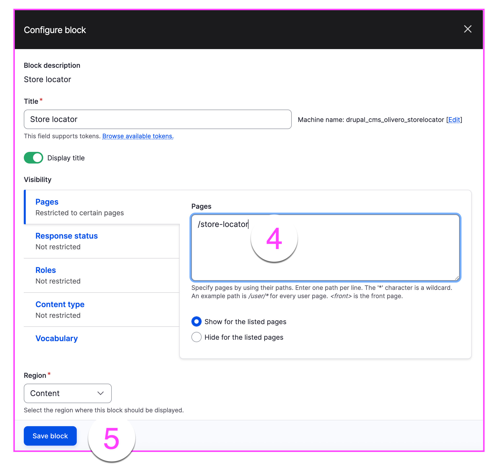Screenshot showing how to place the MapCosmos store locator block in Drupal, link it to your Store Locator page, and save changes.