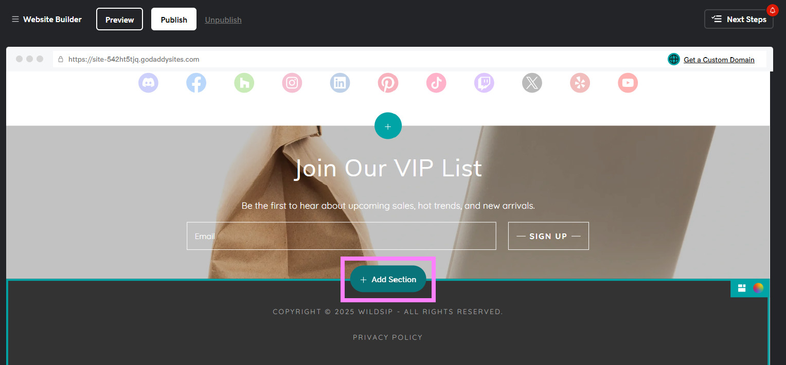 GoDaddy Website Builder screenshot showing how to add a section for MapCosmos store locator.
