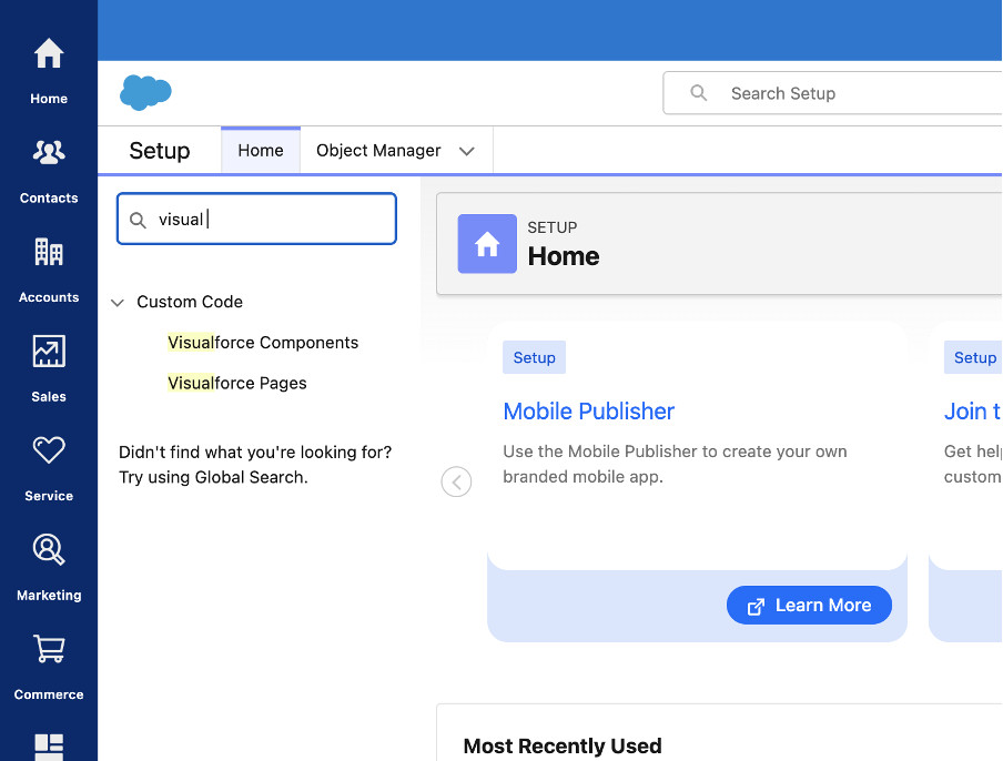 Salesforce Admin panel showing navigation to Quick Settings and Advanced Setup to create a new Visualforce Page for adding a store locator integration.