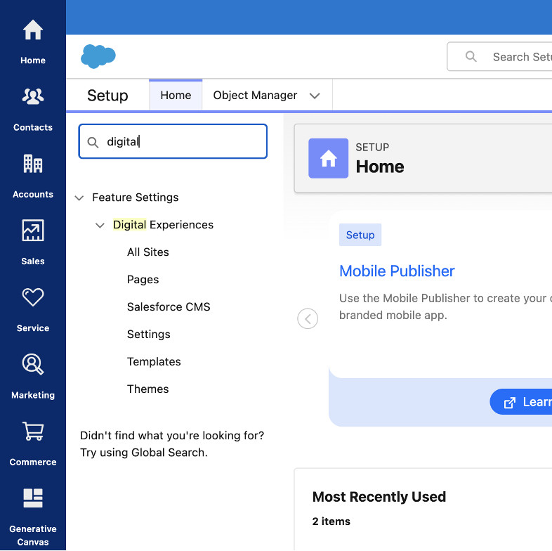 Screenshot of Salesforce Setup navigation panel showing the path to Digital Experiences and All Sites for managing Experience Cloud pages.
