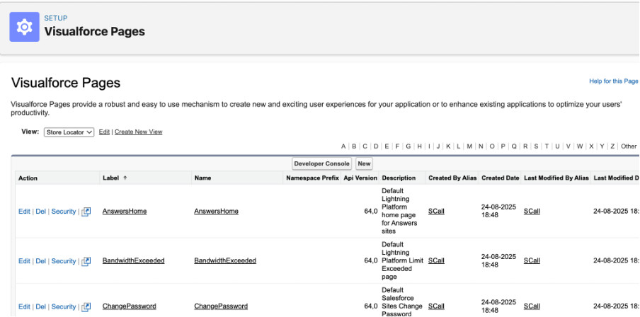Creating a new Visualforce Page in Salesforce Advanced Setup to embed and configure the store locator widget within your Salesforce site.