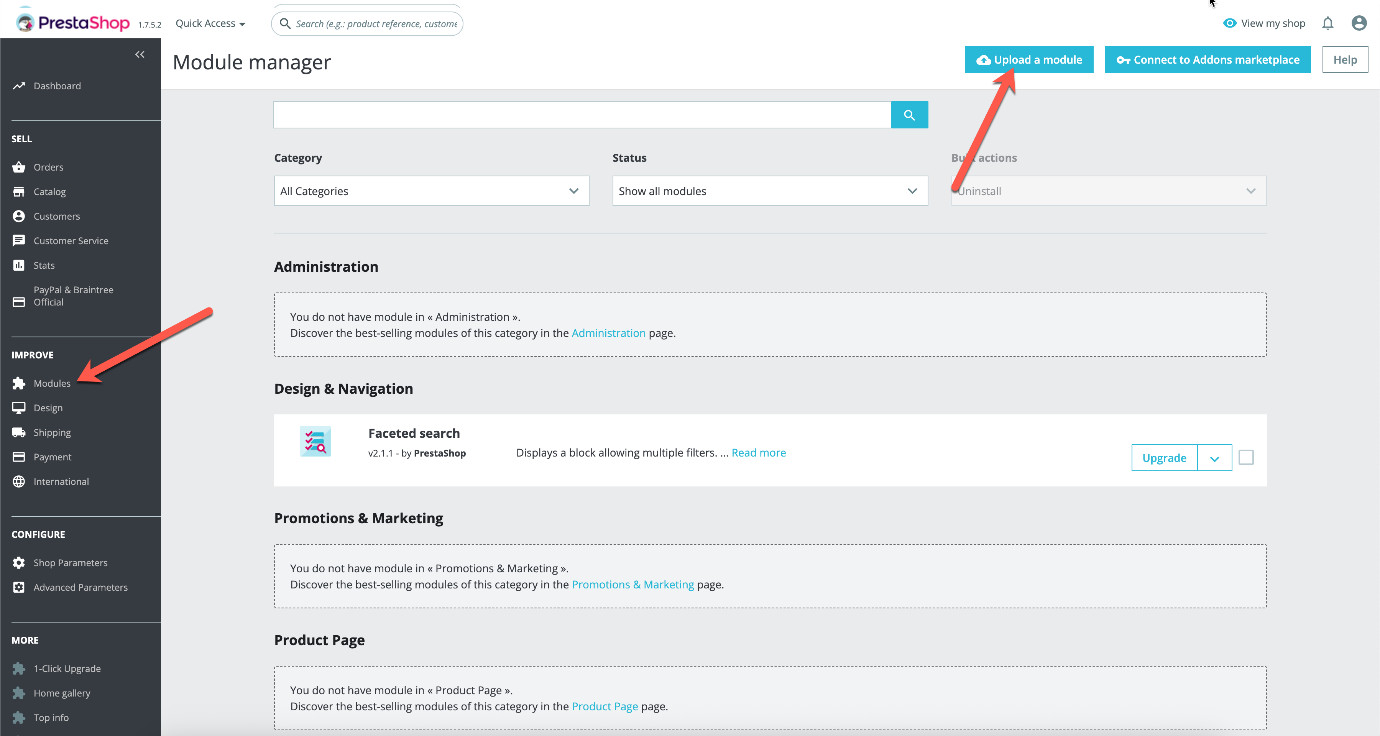 PrestaShop dashboard highlighting the Modules section with the 'Upload a module' button.