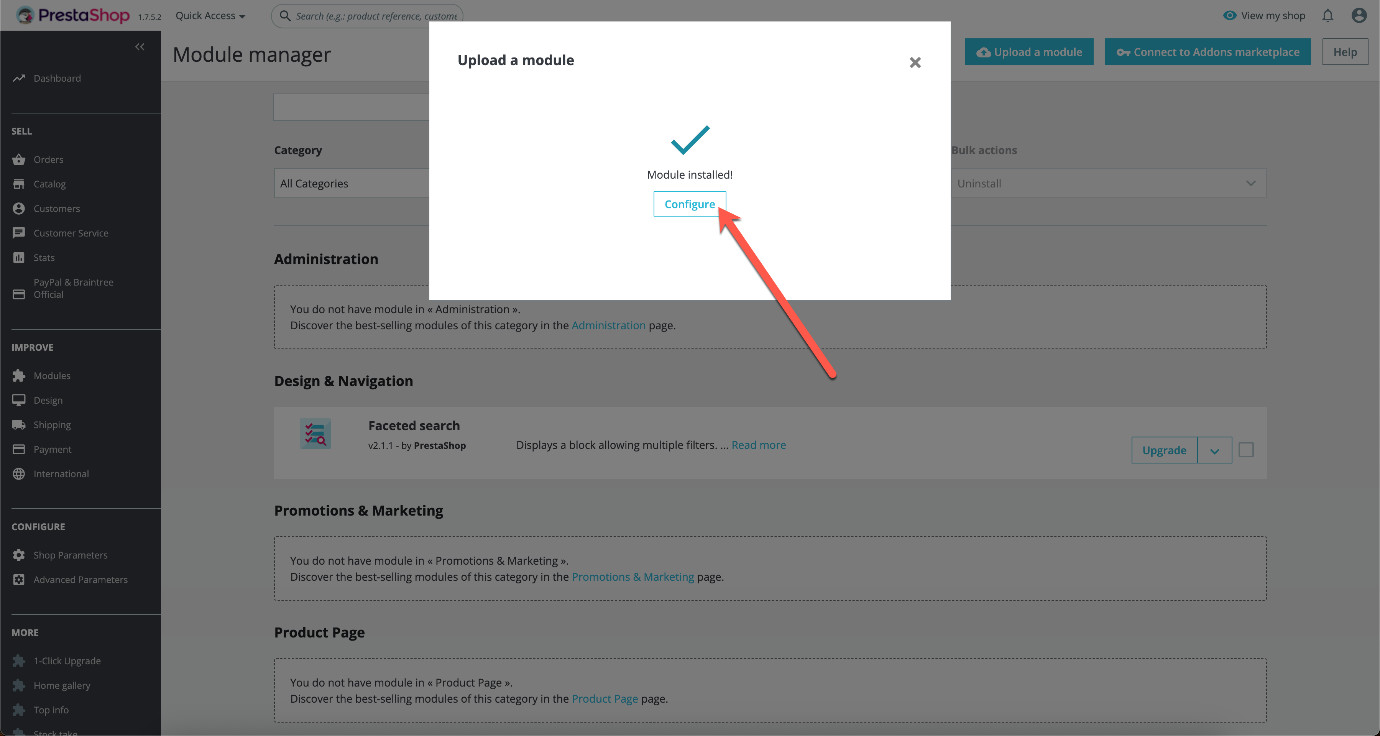 PrestaShop Modules page showing the MapCosmos module with the 'Configure' button after successful installation.