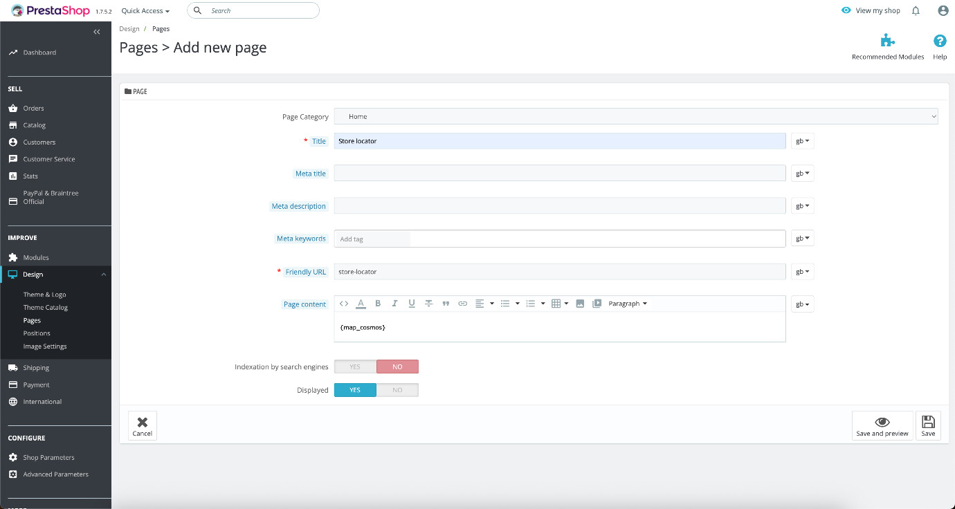 PrestaShop page content editor showing the {map_cosmos} shortcode added and the Displayed option enabled before saving.