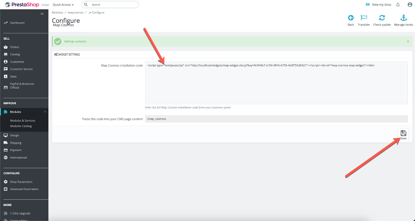 PrestaShop MapCosmos module configuration screen showing where to paste the installation code and the Save button.