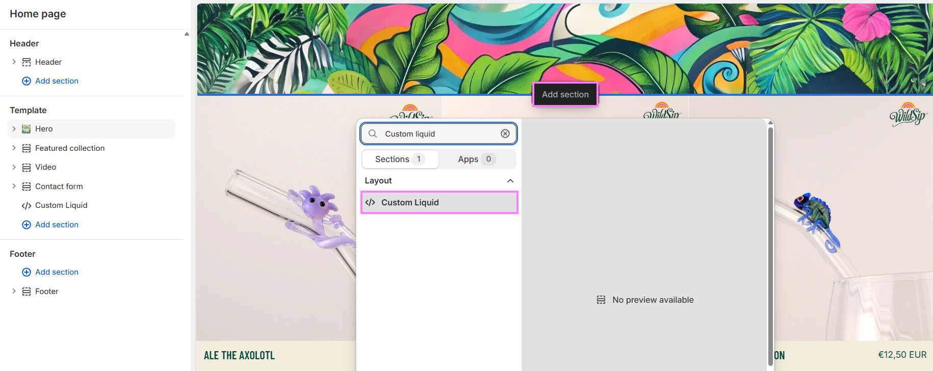 Shopify theme editor showing how to add a store locator by clicking Add section, then selecting the Custom liquid option to insert the MapCosmos widget.