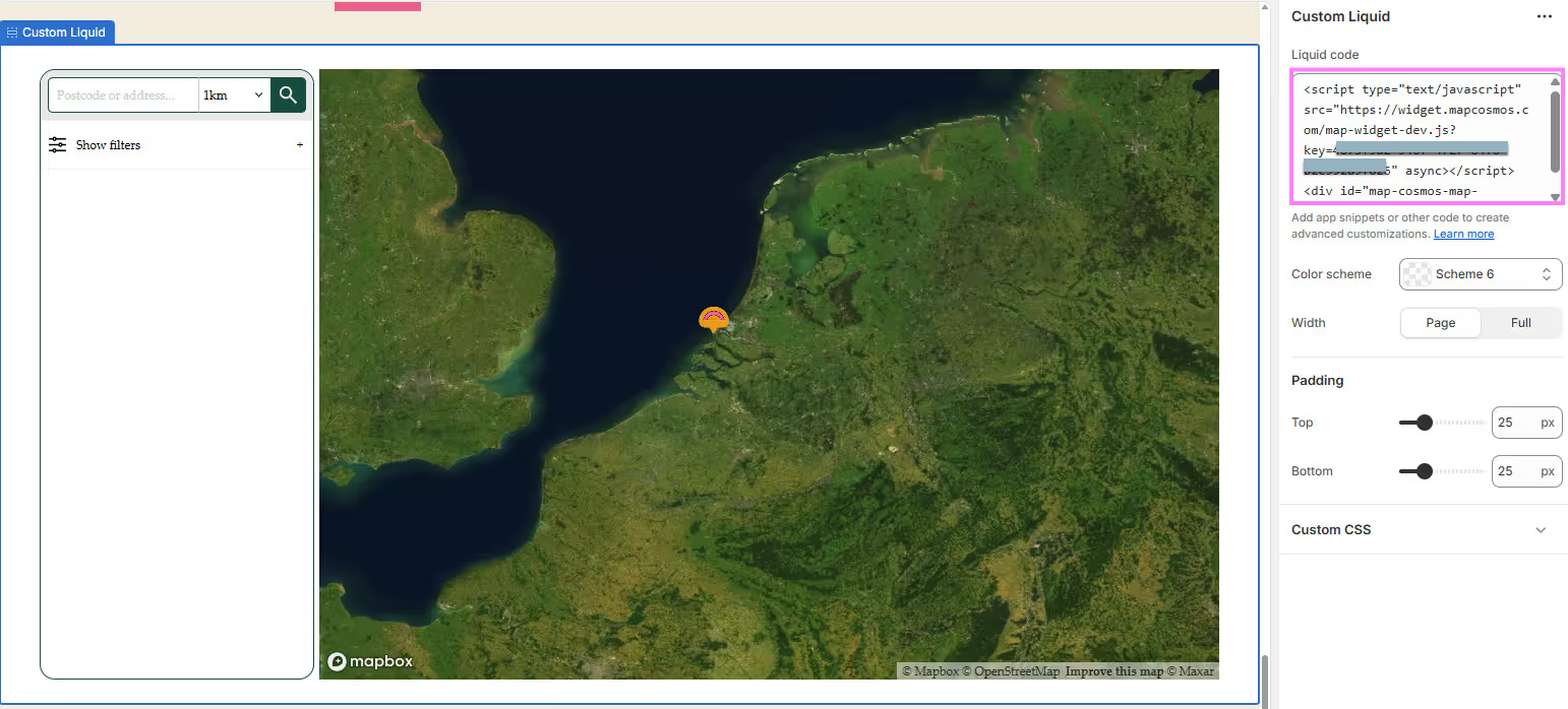 Shopify theme editor window where you paste the MapCosmos store locator embed code and adjust the color scheme to match your brand.