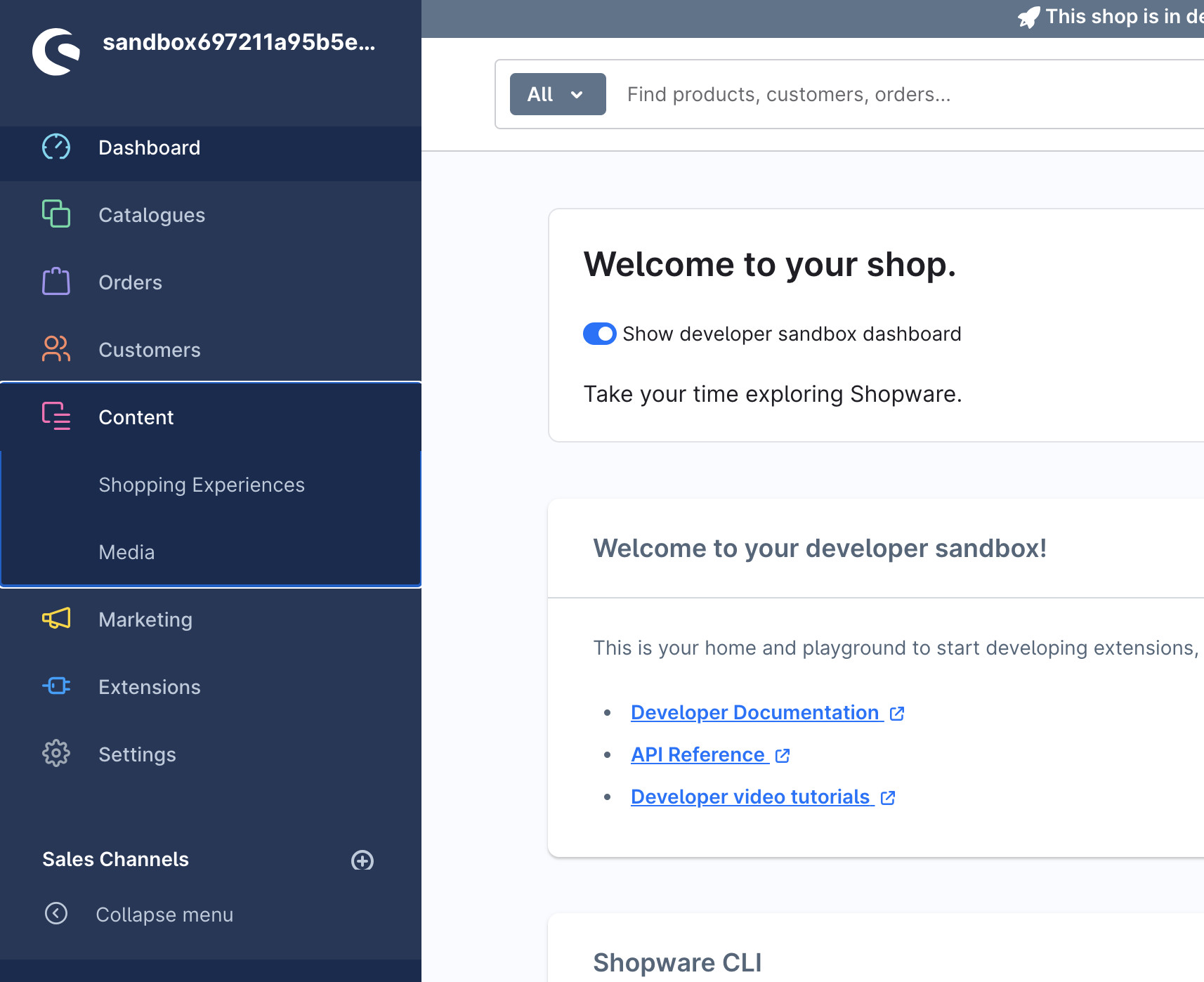 Screenshot of Shopware admin showing how to add a MapCosmos store locator to a Shopping Experience CMS page by creating or editing a layout.
