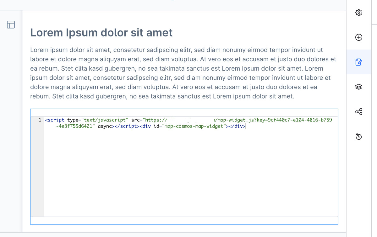 Pasting MapCosmos store locator code into Shopware HTML field and previewing it in the storefront.