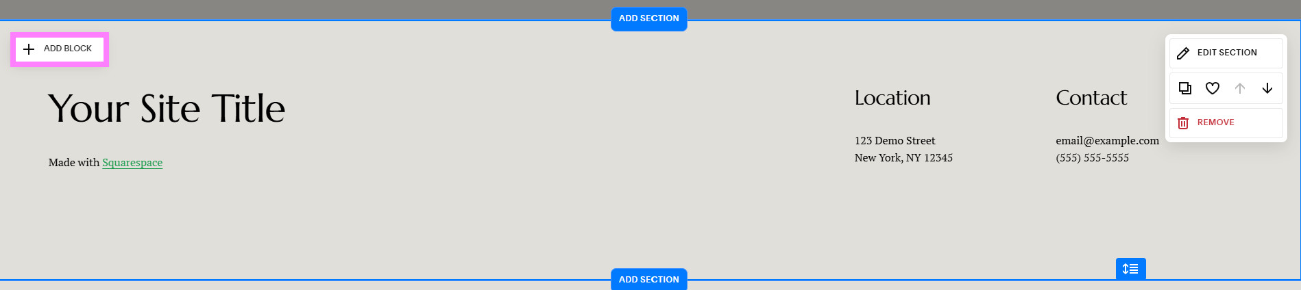 Screenshot showing how to choose the page and insert point in Squarespace to add the MapCosmos store locator block.