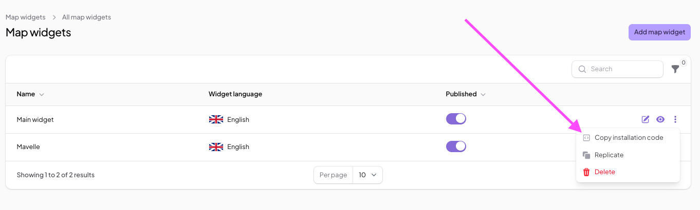 Screenshot of the MapCosmos store locator panel showing where to copy the installation code to embed on a Squarespace site.
