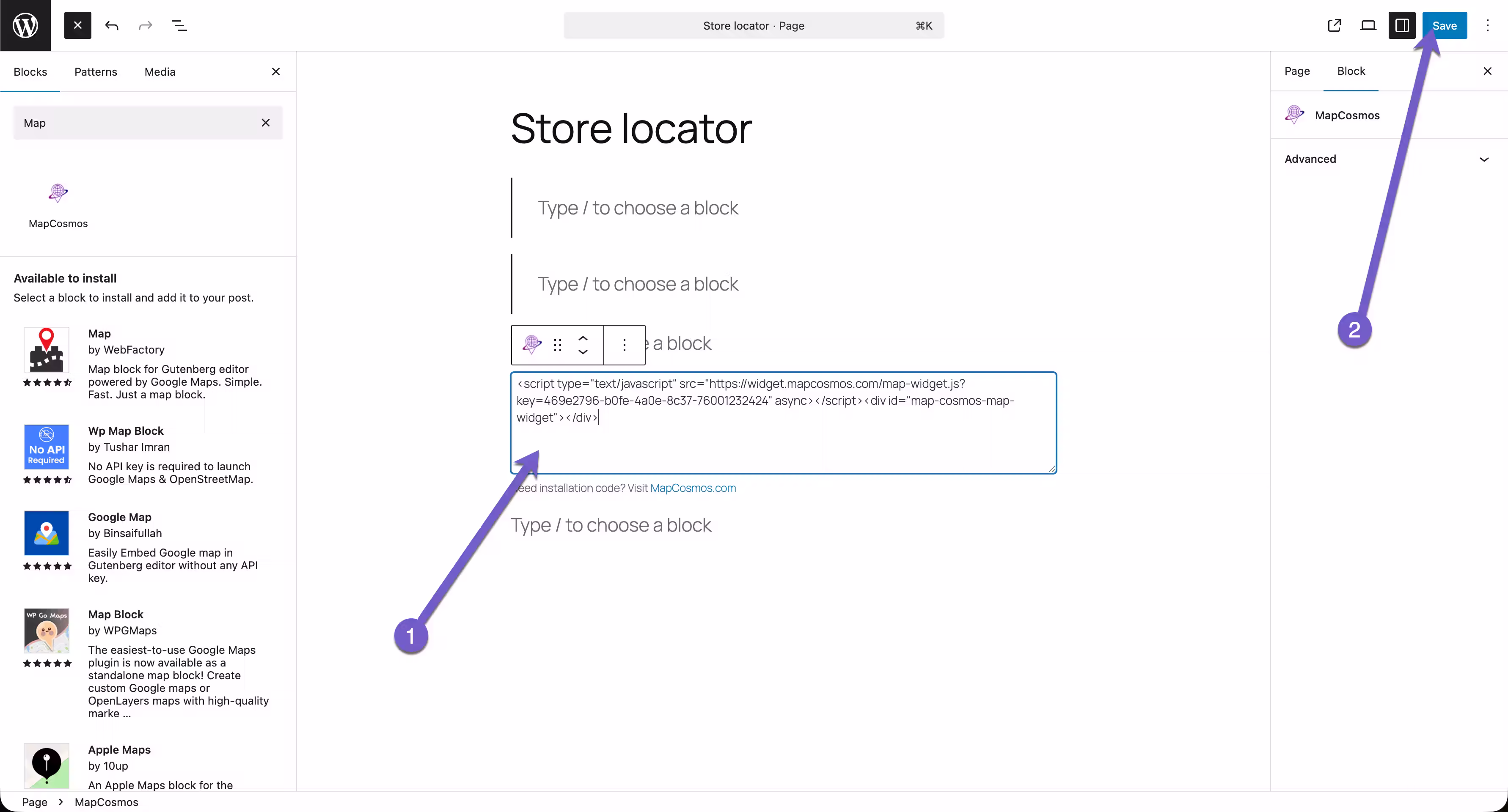 Example of WordPress store finder plugin shortcode used to display store locator on a page.