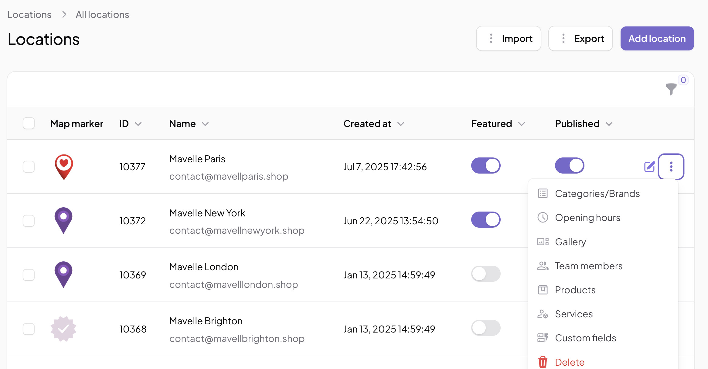 Store locator interface showing where to manually add new locations.