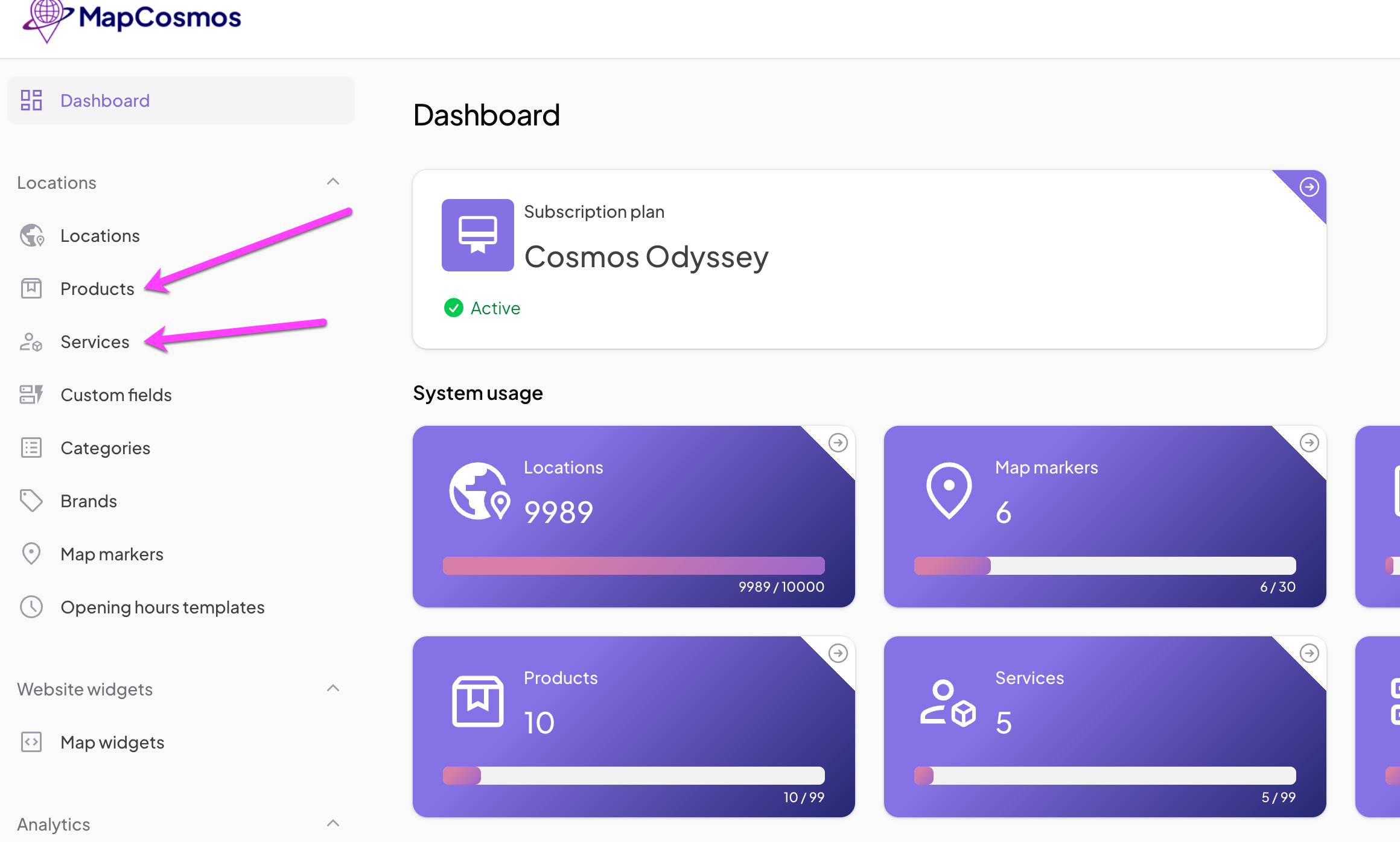 Screenshot of the store locator dashboard showing listed locations with associated products and services.