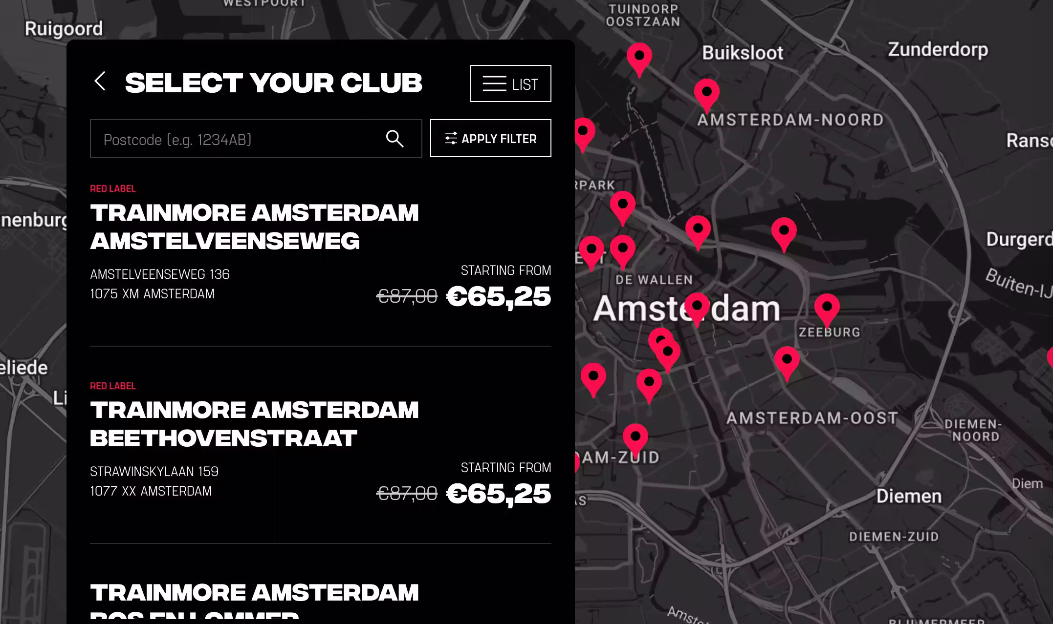 Screenshot of the TrainMore store locator page displaying gym locations on a map with search and filter options, featured in Top Store Locator Examples article.