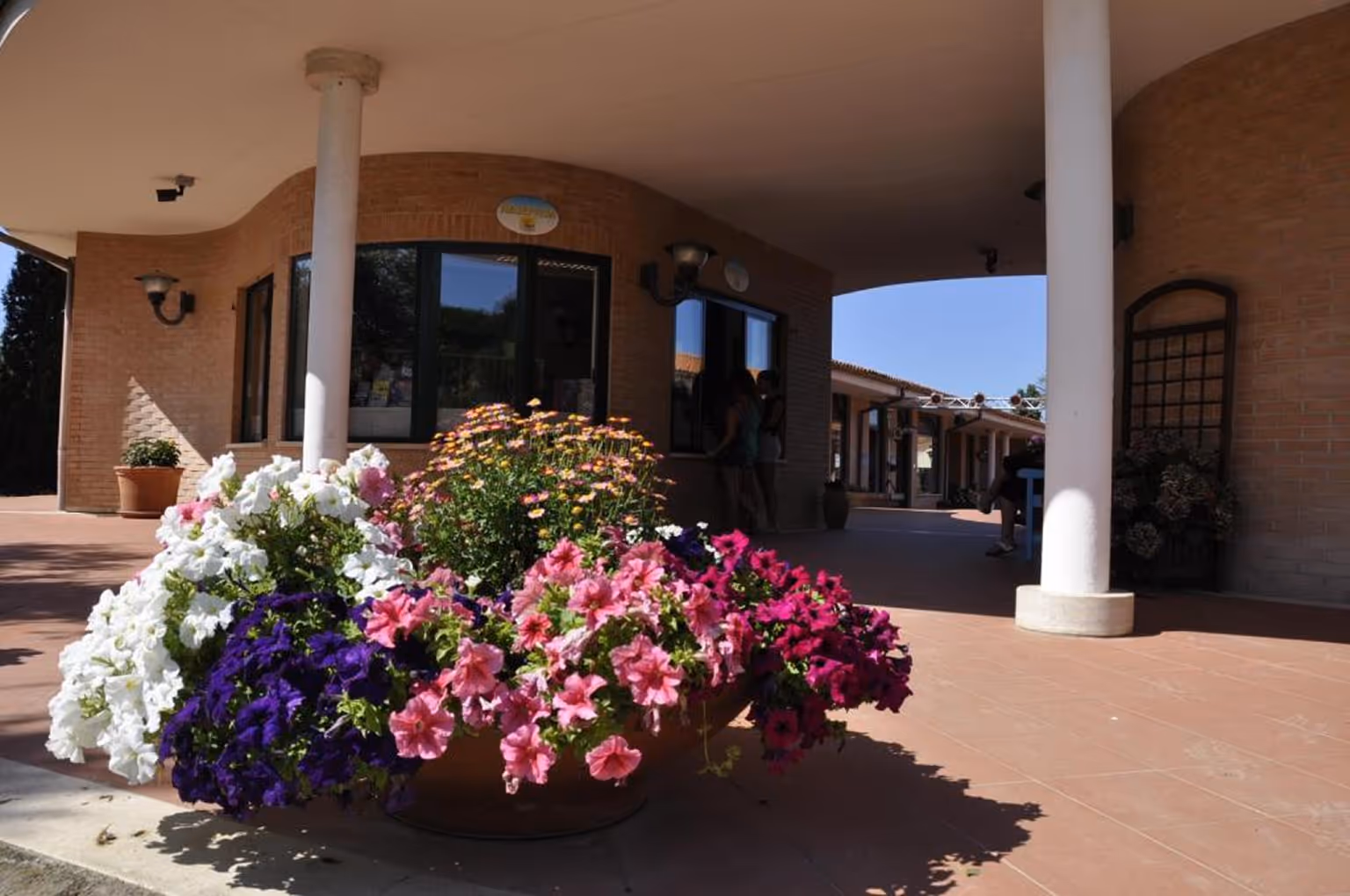 Великий горщик із різнокольоровими квітами на терасі будівлі з колонами і цегляною стіною. Villaggio Mare Si