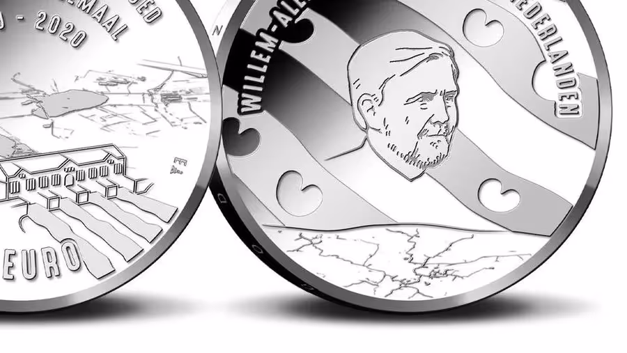 The official commemorative coin designed by Berend Strik for the 100th anniversary of the Woudagemaal, depicting King Willem-Alexander — the first coin to show the king with a beard.
