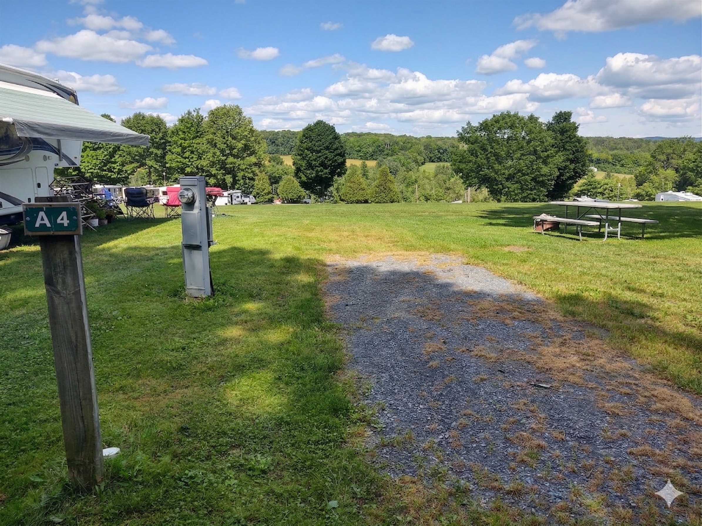 Full hookup RV site with electric, water, and sewer at Lake Champagne Campground