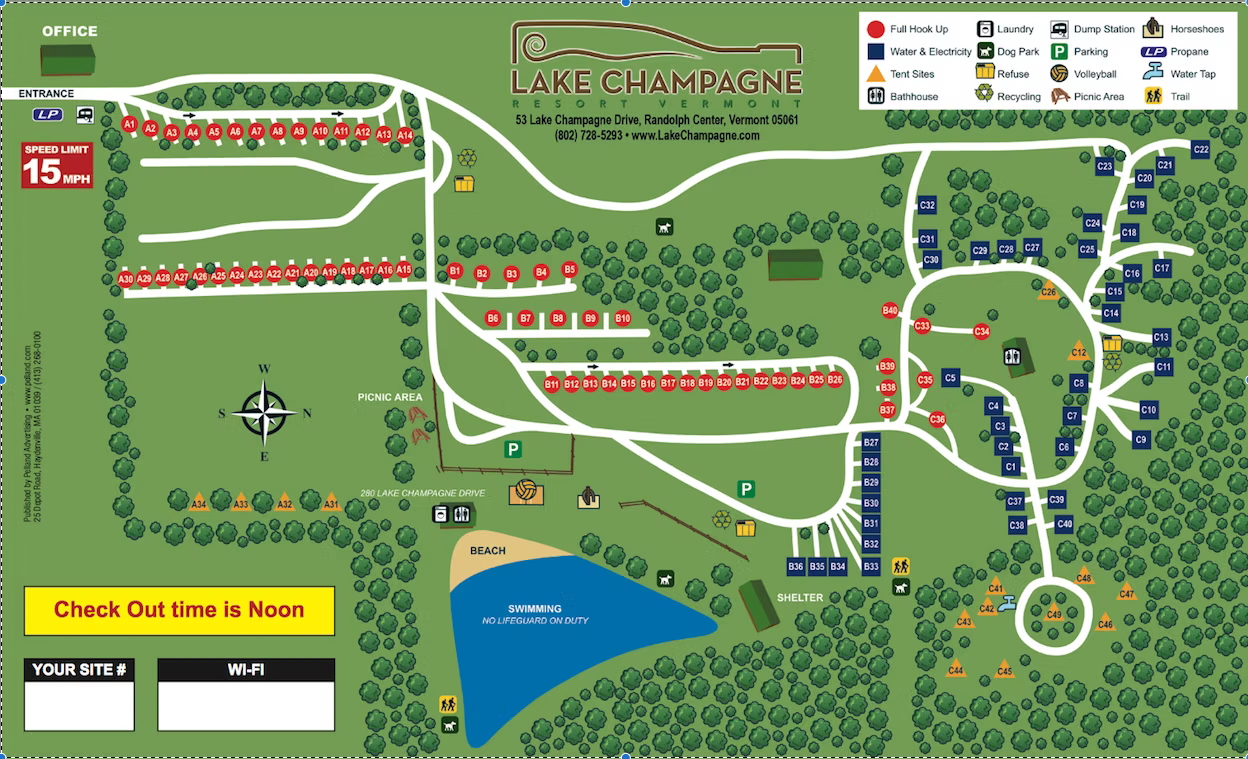 Lake Champagne Campground map showing site locations, amenities, roads, and the lake