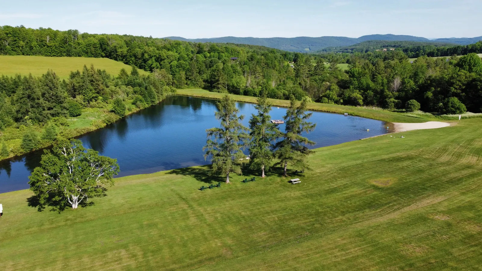 Aerial view of the campground's rolling lawns and RV sites