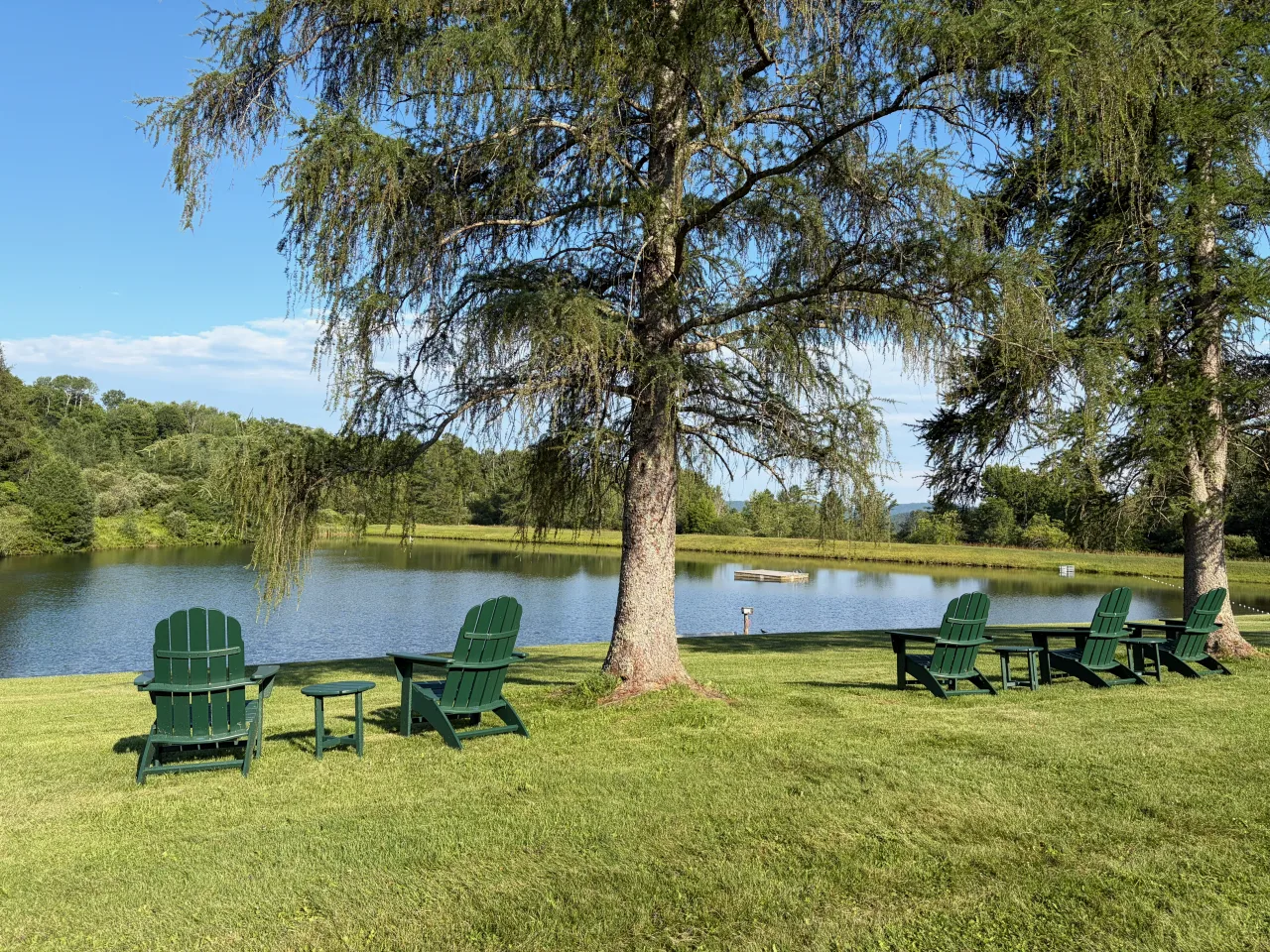 Adirondack chairs beneath the trees along the Lake Champagne shoreline