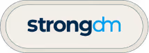 StrongDM company logo with black and blue text on a white rounded rectangle background.