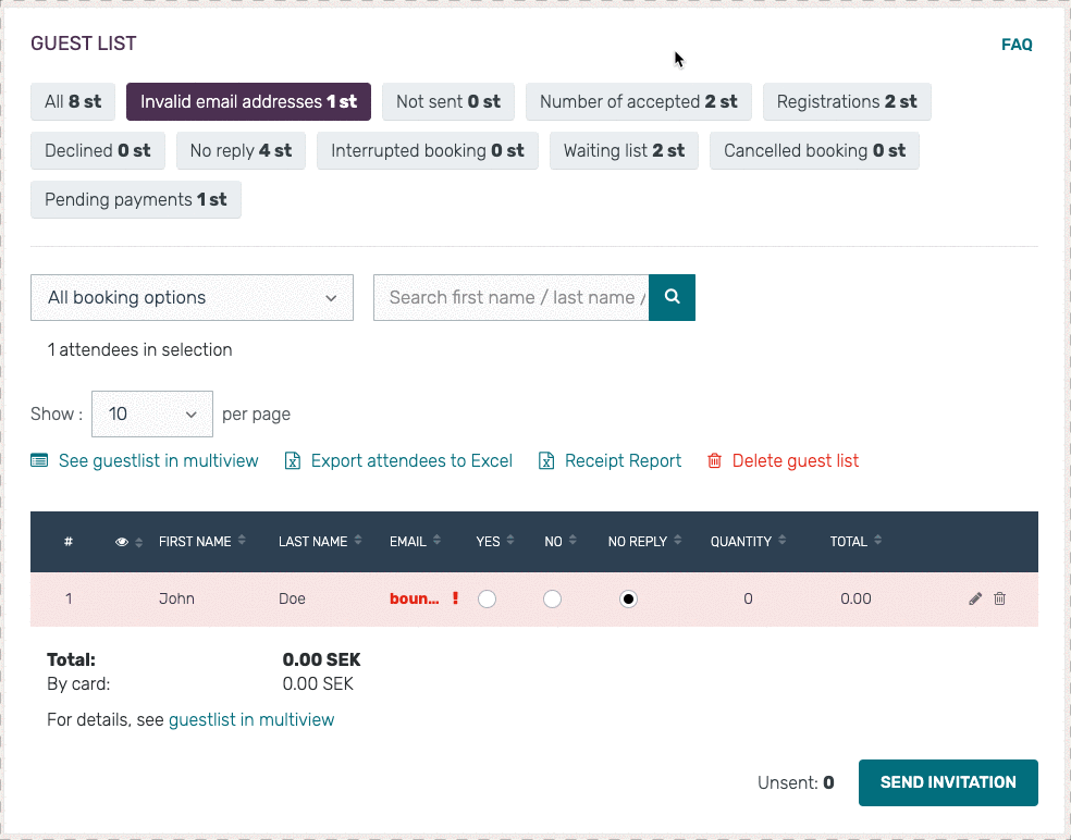 The invalid email addresses filter in Invajo