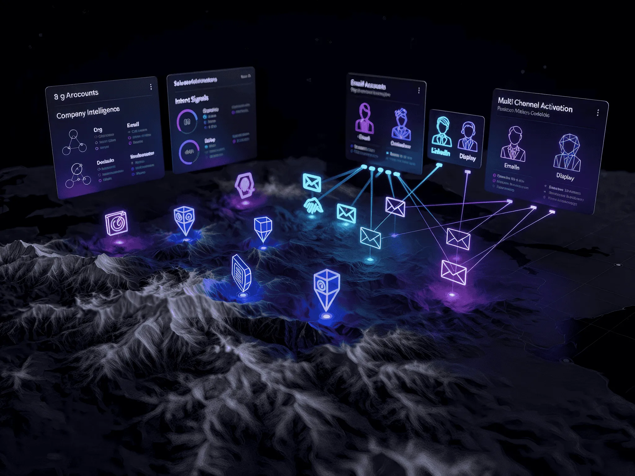 Ilustración Growth Origin — marketing con IA y datos B2B