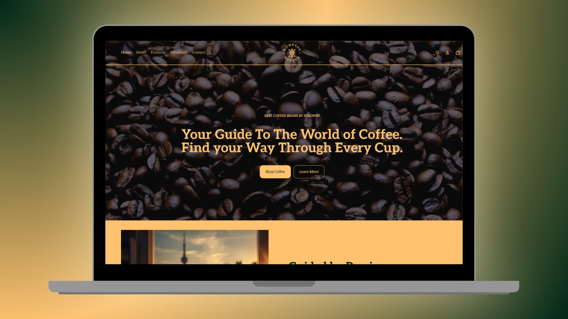Kompass Koffee website homepage design with coffee beans background