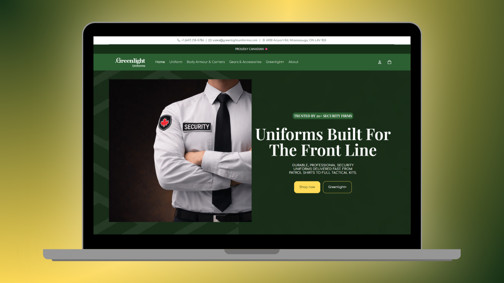 Greenlight Uniforms website showcasing premium security uniforms