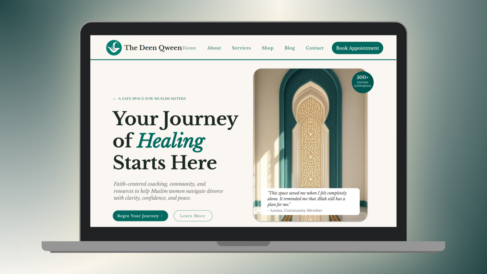 The Deen Queen homepage showcasing faith-centered coaching and resources for Muslim women
