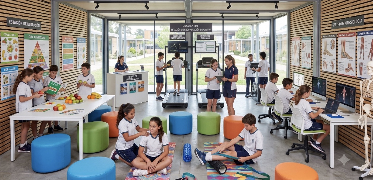 Render referencial de la sala multiuso del colegio, con estaciones de nutrición, kinesiología y zona deportiva
