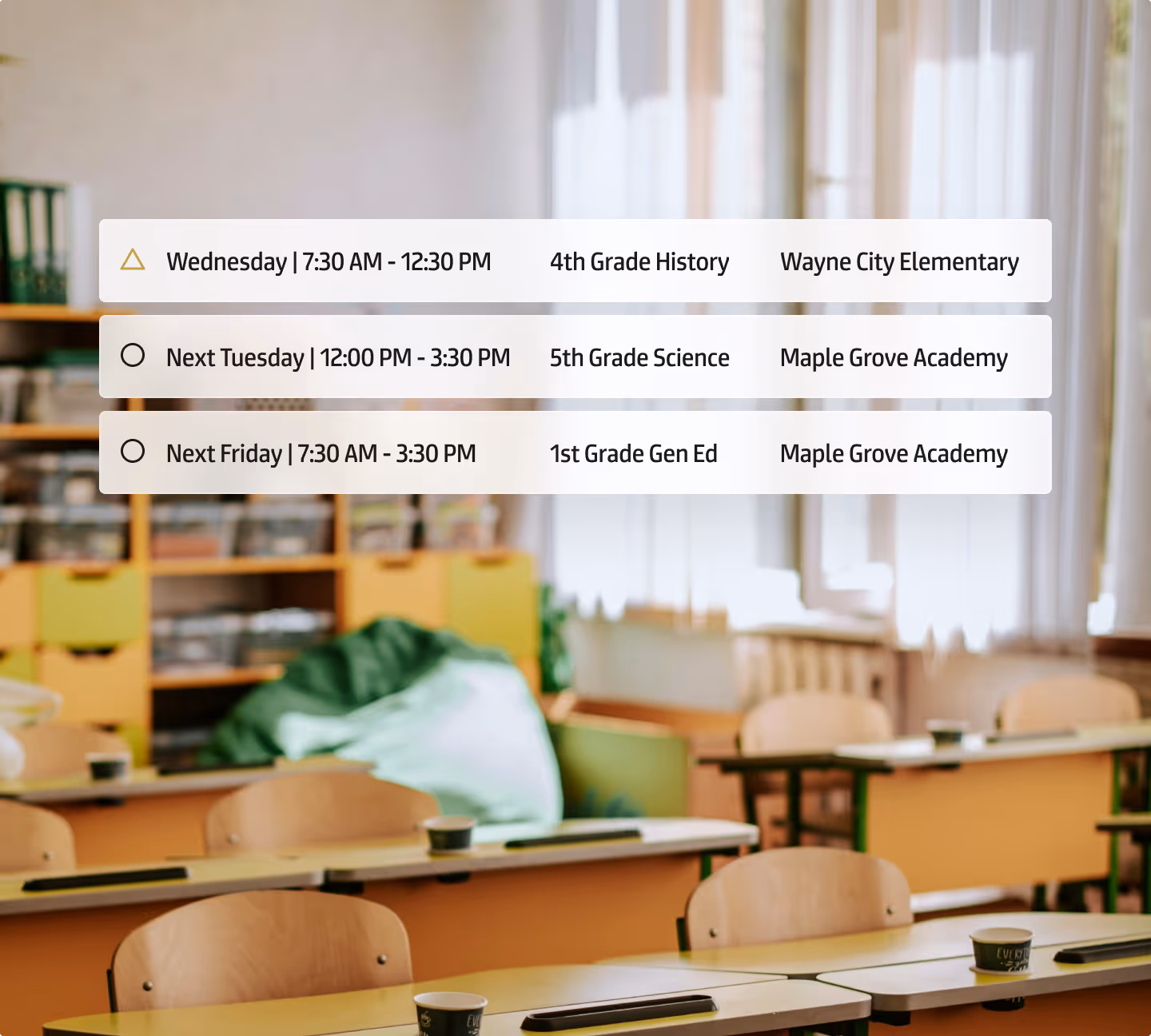Class schedule overlay on empty classroom showing three grade levels, dates, times, and school names.