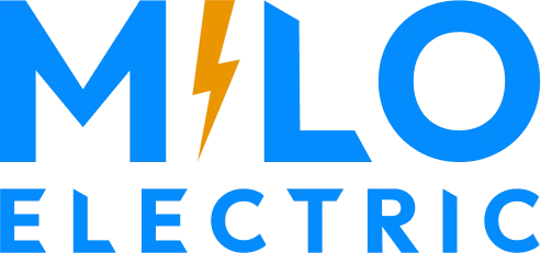 Blue text 'MILO' with a gold lightning bolt as the letter I and 'ELECTRIC' below it.
