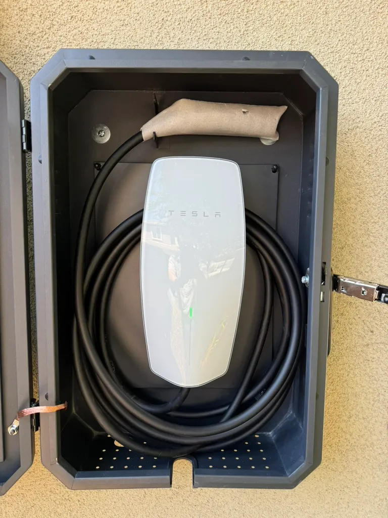 Tesla electric vehicle charging cable neatly coiled inside a black protective wall-mounted case.