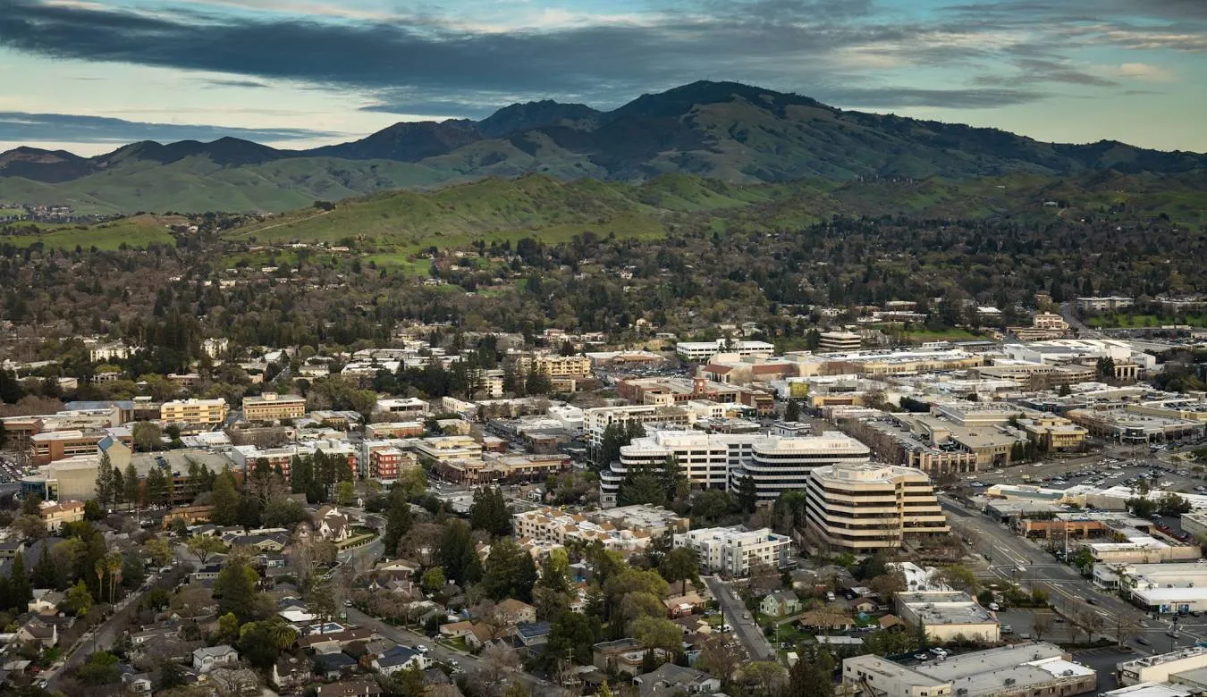 Aerial view of a city with green hills and mountains in the background under a cloudy sky.