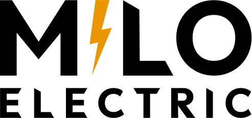 Text 'MILO' with an orange lightning bolt replacing the letter 'I'.