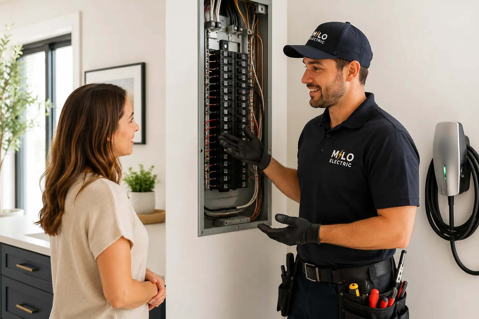 Electrician explaining circuit breaker panel to woman inside a home near electric vehicle charger.
