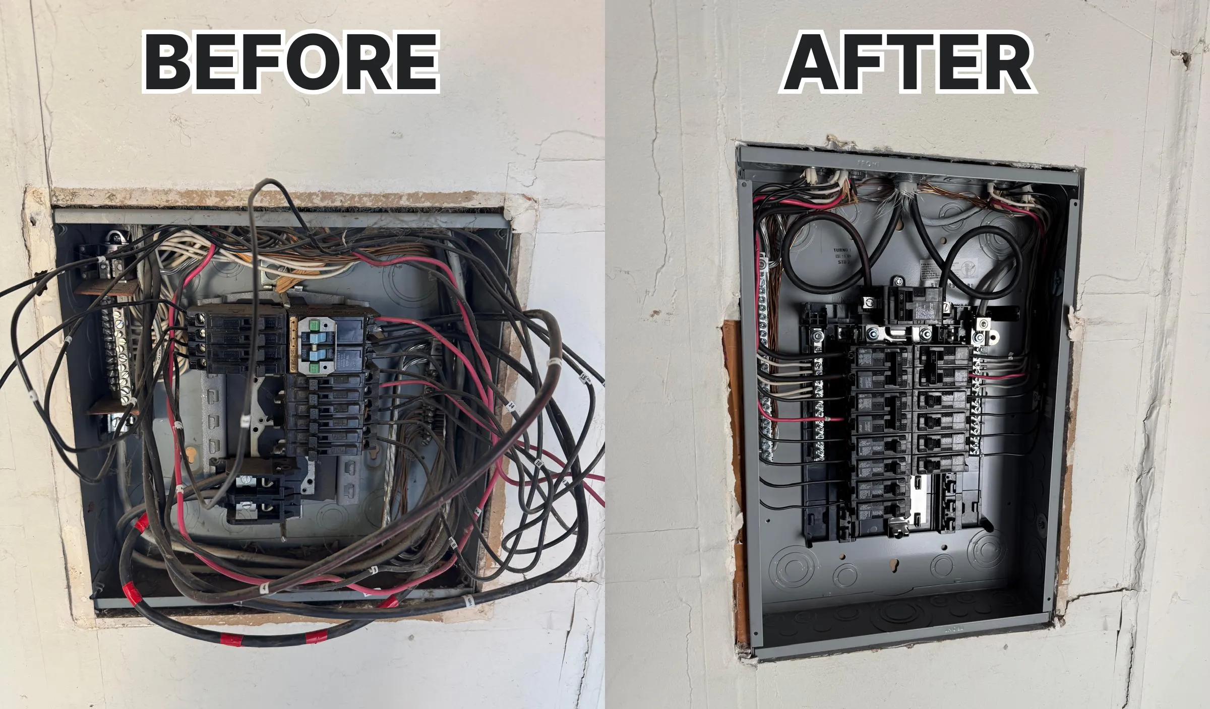Side-by-side image showing a messy electrical panel before and an organized panel after rewiring.