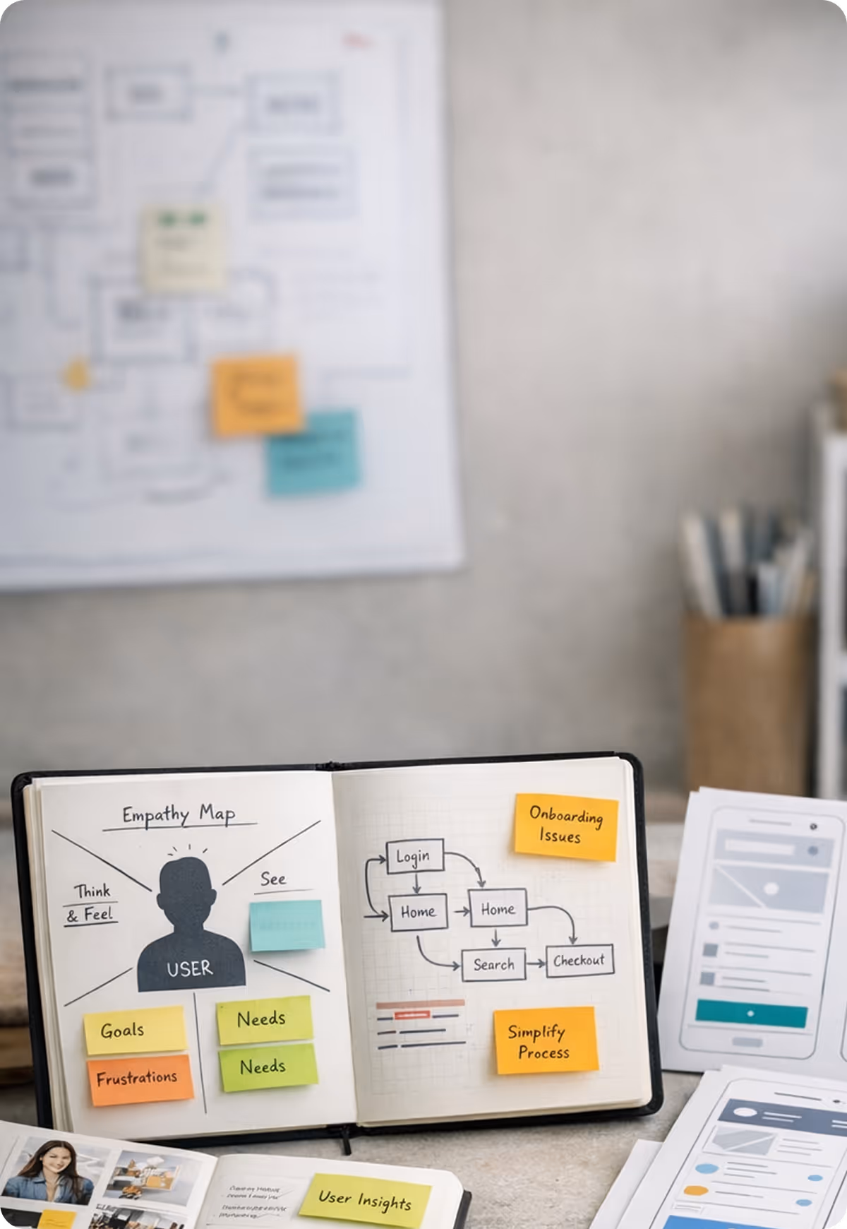 Open notebook with a user empathy map and a flowchart of login, home, search, and checkout steps with sticky notes.