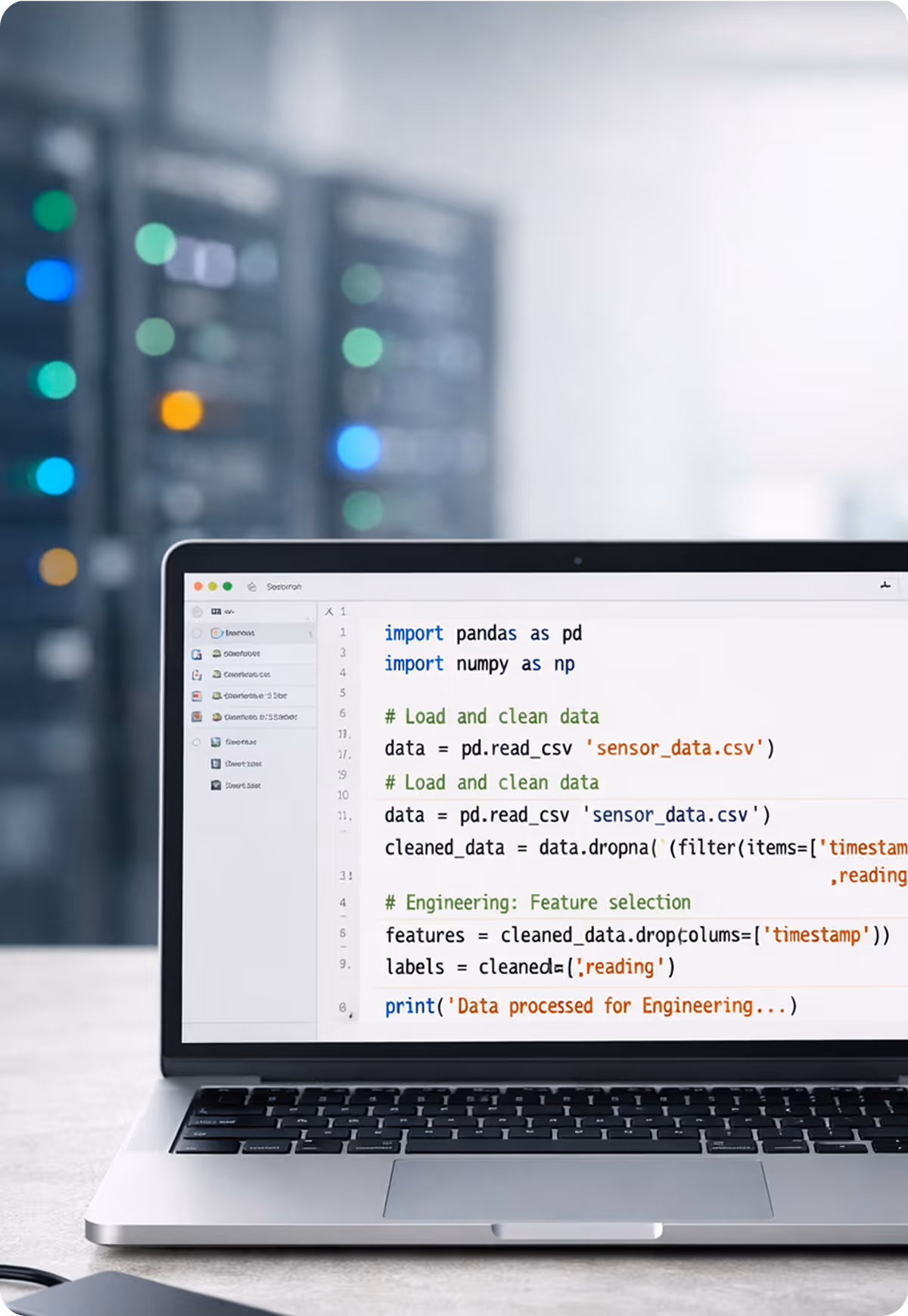 Laptop screen displays Python code importing pandas and numpy with data loading and cleaning steps.