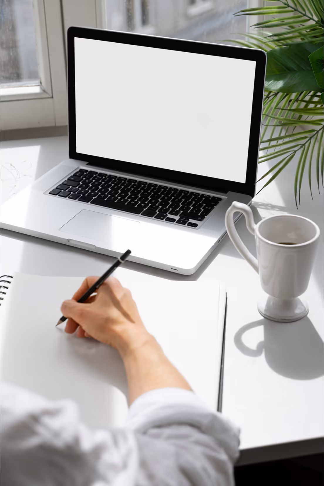 Person writing in a notebook at a desk with a laptop, coffee cup, and green plant nearby.
