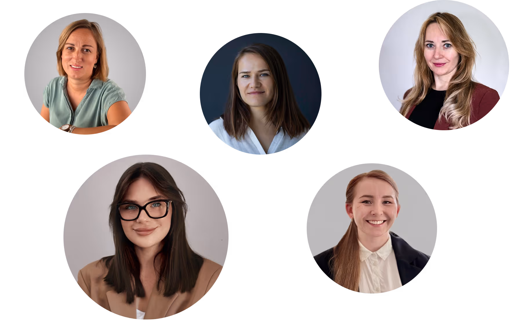 Five professional women smiling in individual circular frames against dark background.
