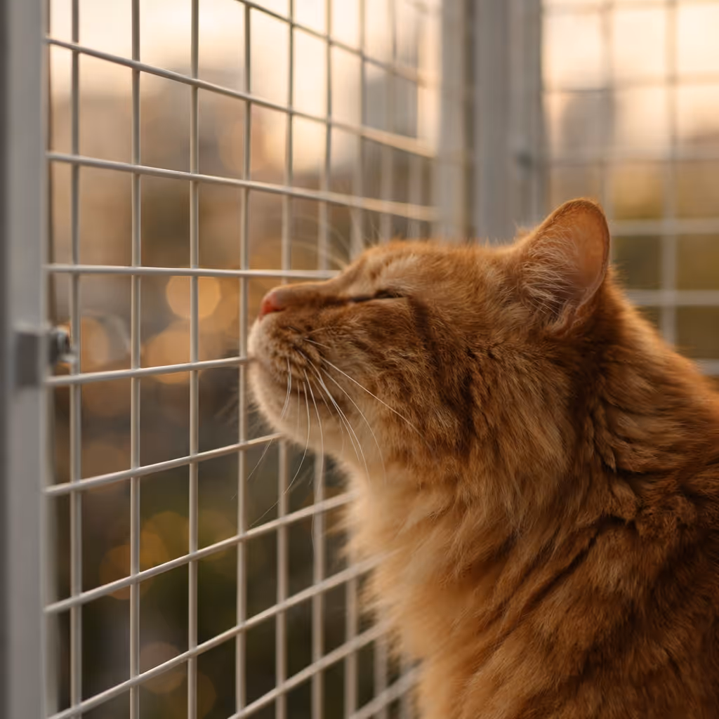 Two cats relaxing in a renter-safe BalconyCat window balcony enclosure requiring no drilling