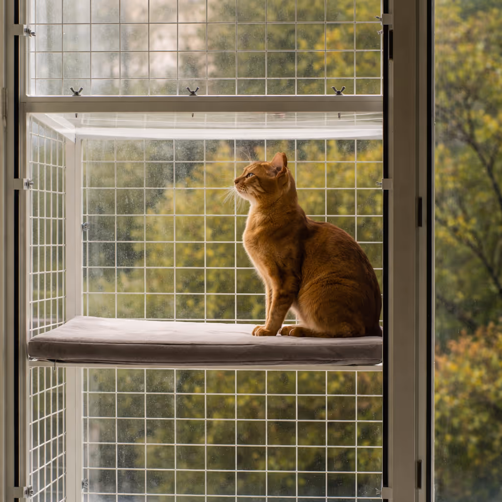 Cat sitting safely in a BalconyCat steel window balcony enclosure, enjoying fresh air outdoors