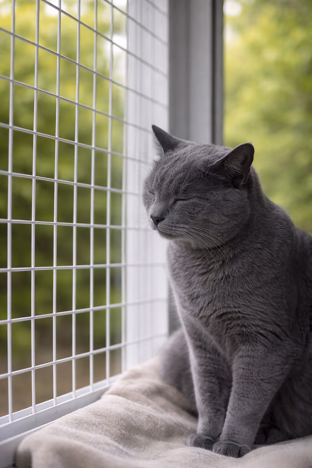 Cat relaxing in BalconyCat steel enclosure mounted on casement window