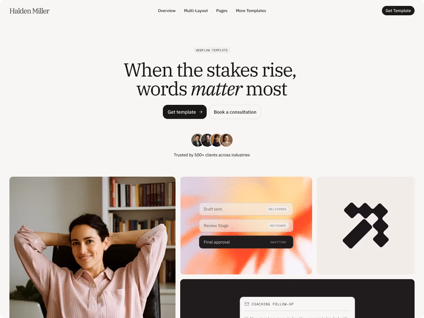 Homepage layout with centered headline, image, and call-to-action button in light modern design.